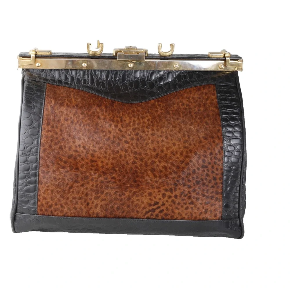 Rare Vintage L’ior Structured Doctor Frame Bag Croc Embossed Leather Calf Hair